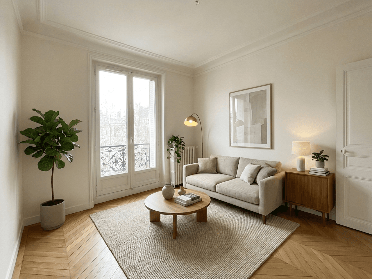 Séjour d'appartement français vide, meublé en home staging virtuel par l'IA — après